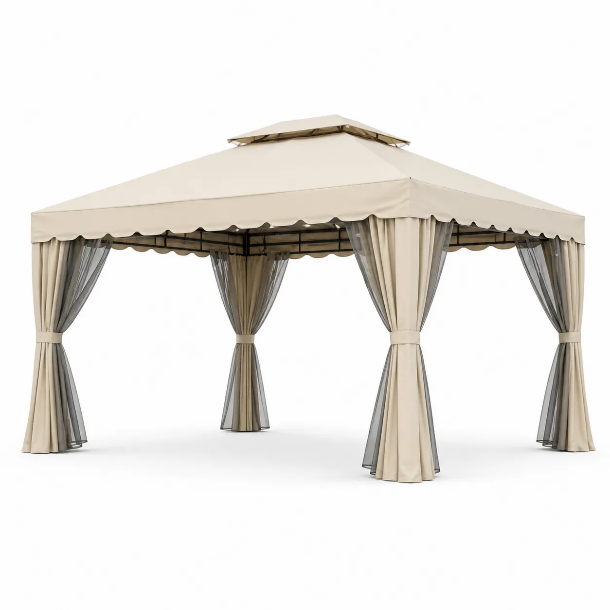 Tonnelle en Métal et Polyester Beige avec Rideaux