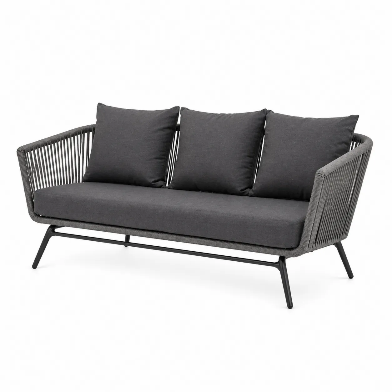Canapé d'extérieur trois places en aluminium avec coussins en corde et tissu gris