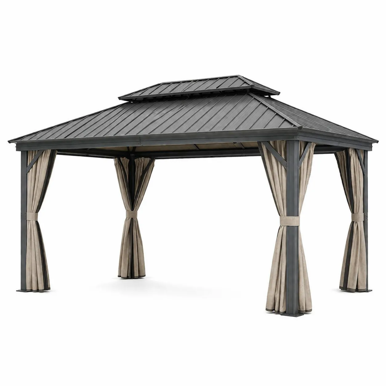 Pavillon en aluminium avec toit en acier et rideaux en polyester