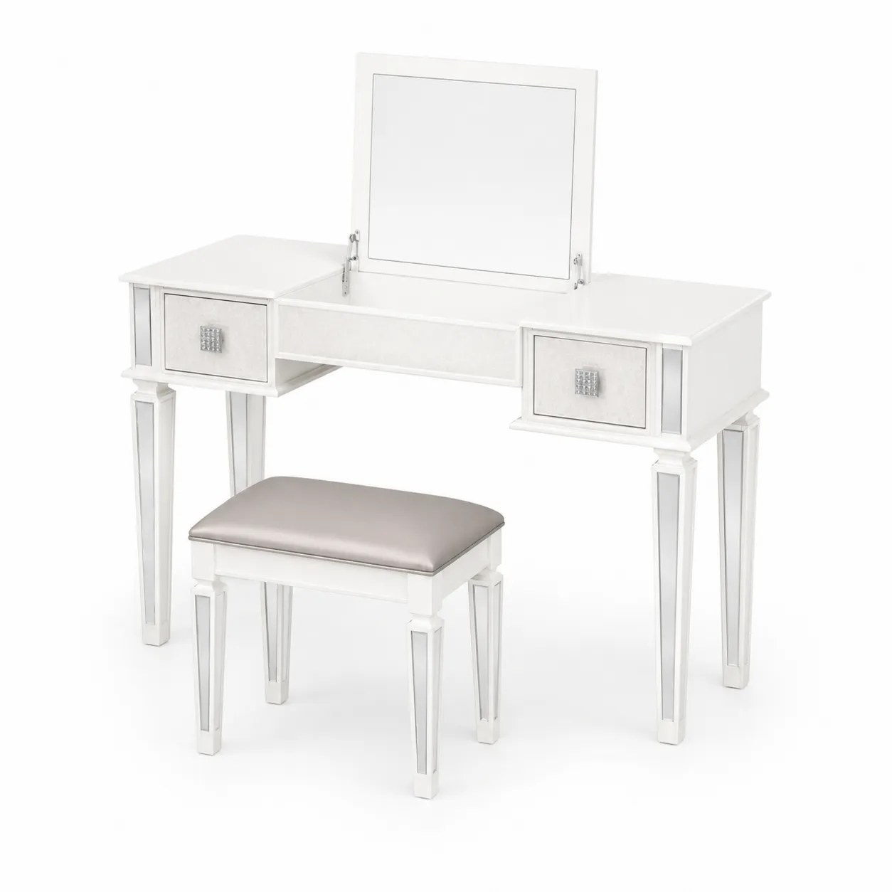 Coiffeuse en Bois avec Tabouret et Miroir Blanc