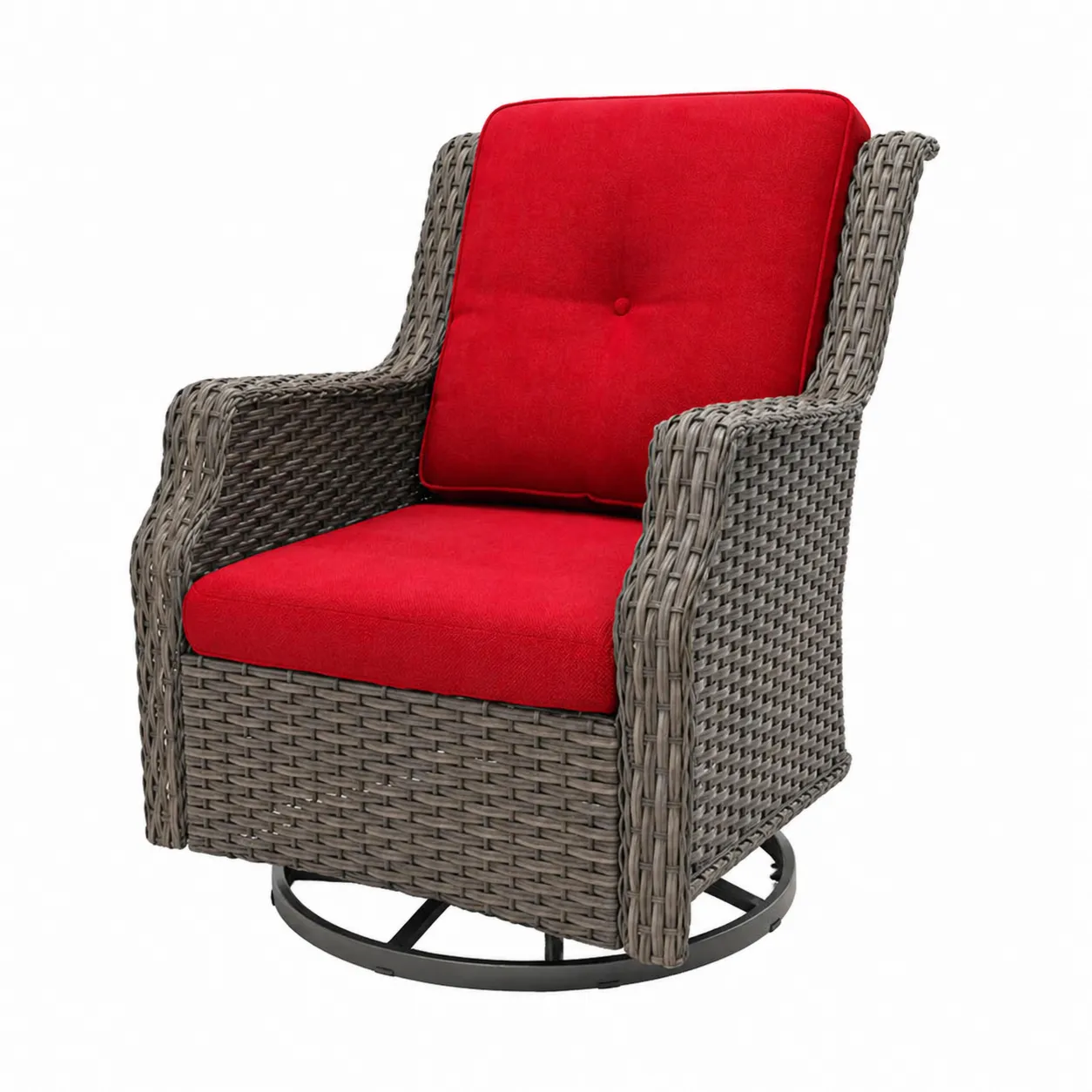 Fauteuil pivotant en résine tressée avec coussins rouges