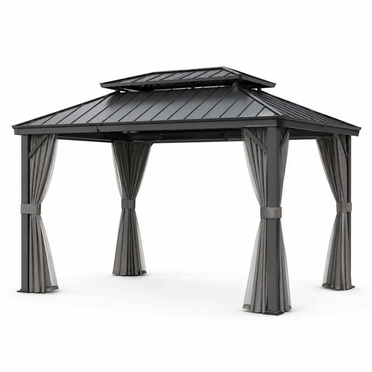 Pavillon en Aluminium avec Toit en Acier et Rideaux en Polyester Gris