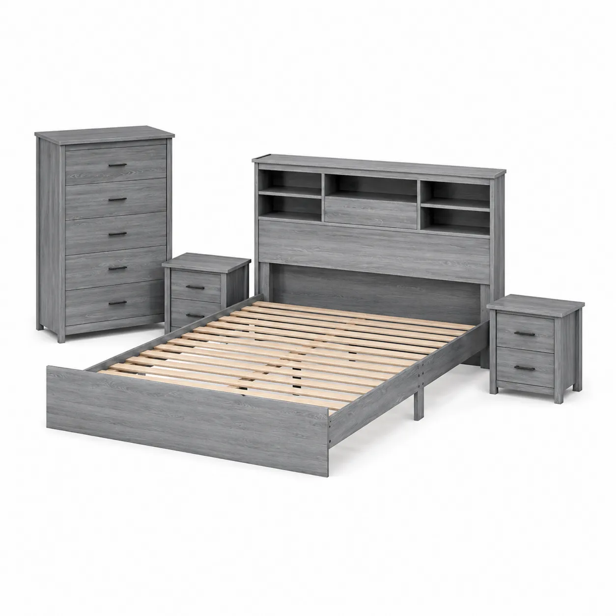 Ensemble de chambre en bois gris avec lit, tête de lit et étagères