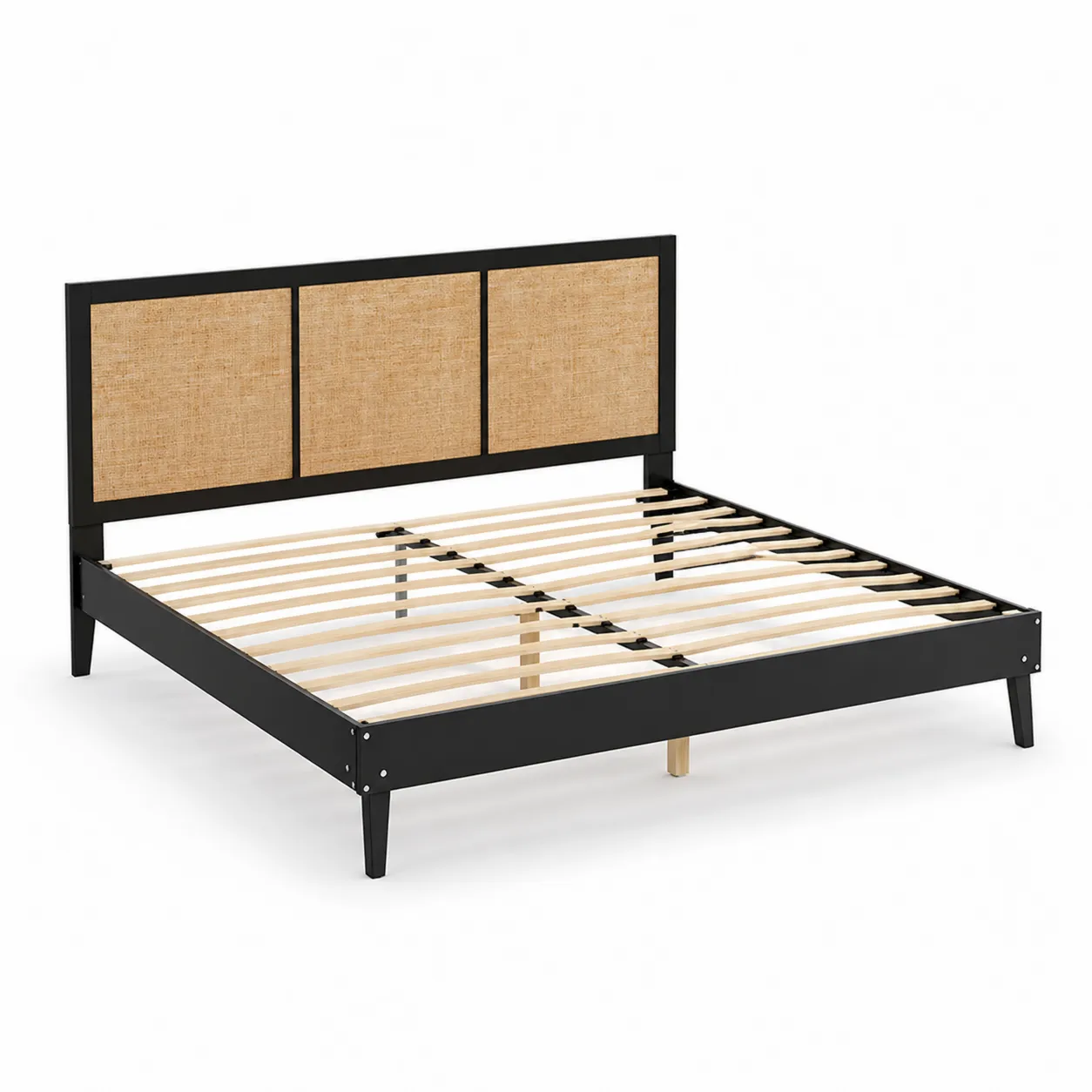 Lit plateforme en métal et rotin Noir et Naturel 200x160 cm