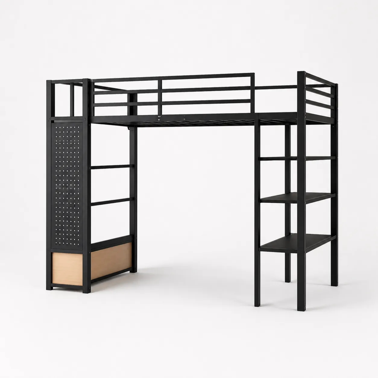 Lit mezzanine en métal noir avec étagères intégrées