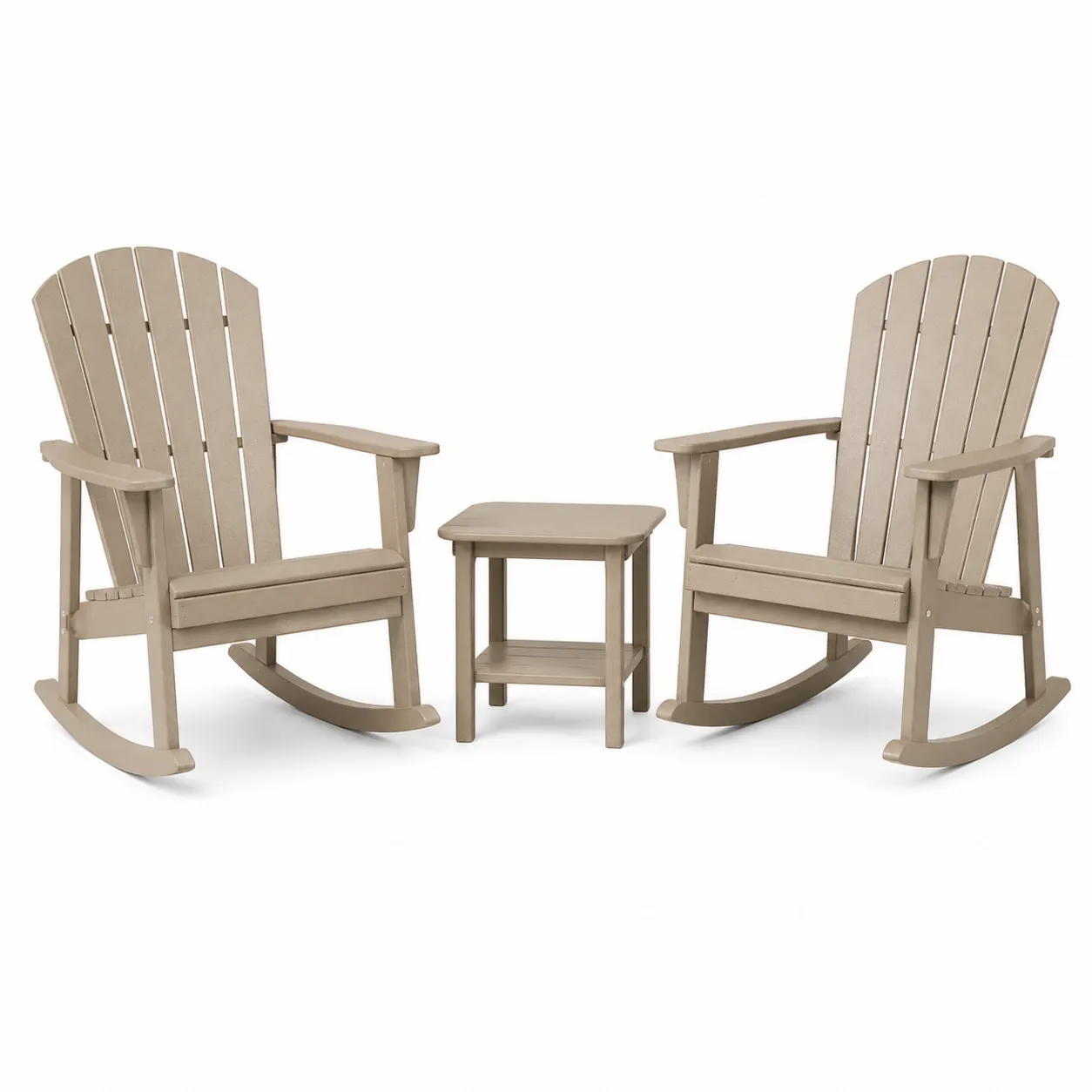 Ensemble de 2 Chaises à Bascule en Bois Composite Beige avec Table Carrée