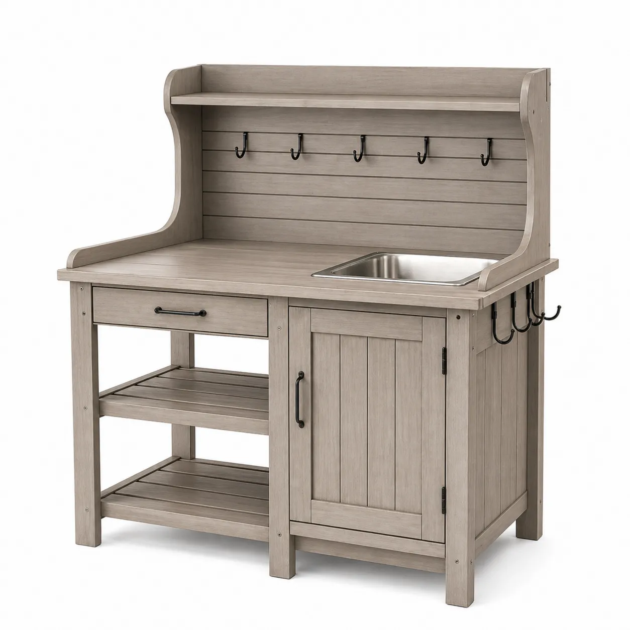 Table de jardin en bois gris avec évier en acier inoxydable