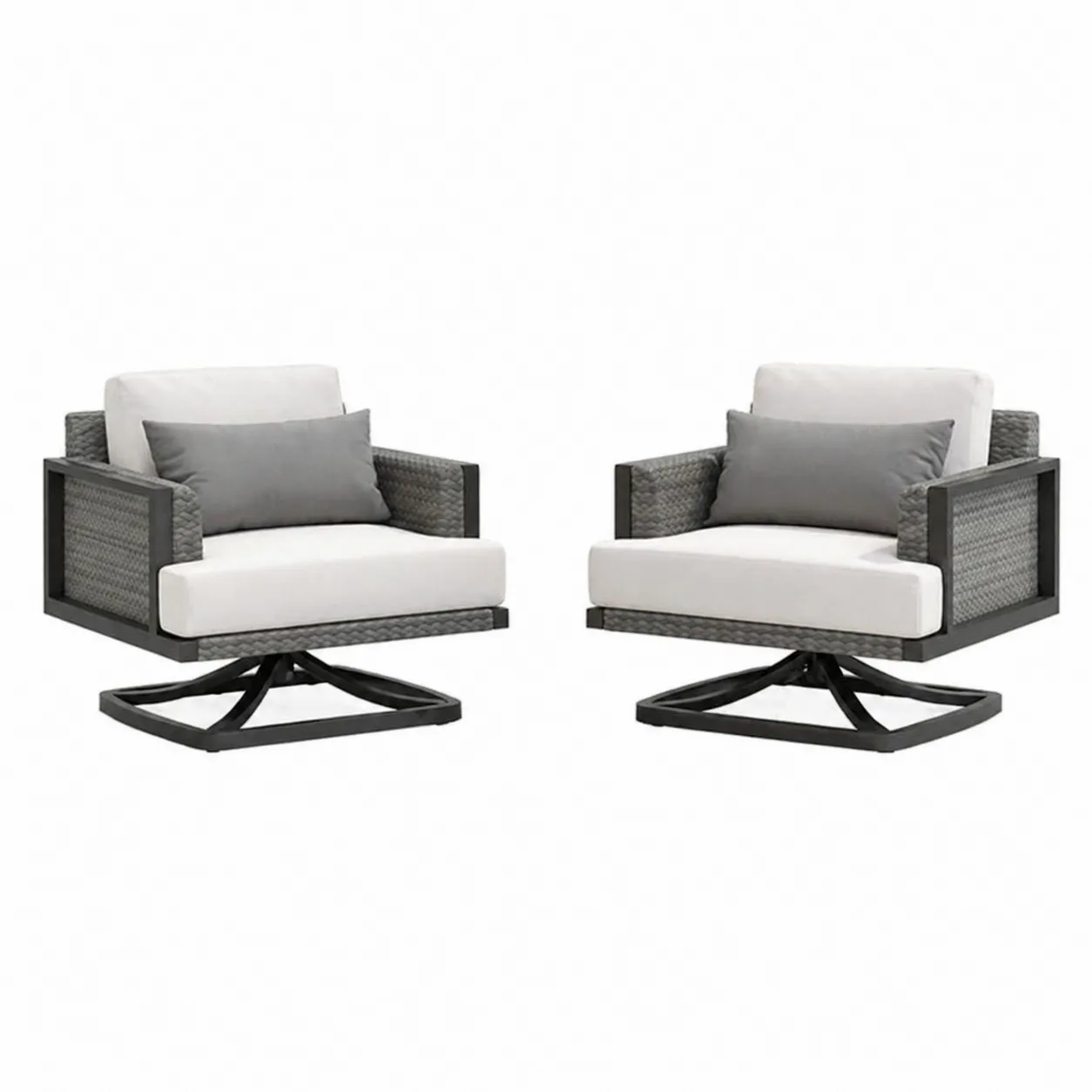 Ensemble de 2 fauteuils pivotants en aluminium et résine avec coussins blancs et gris