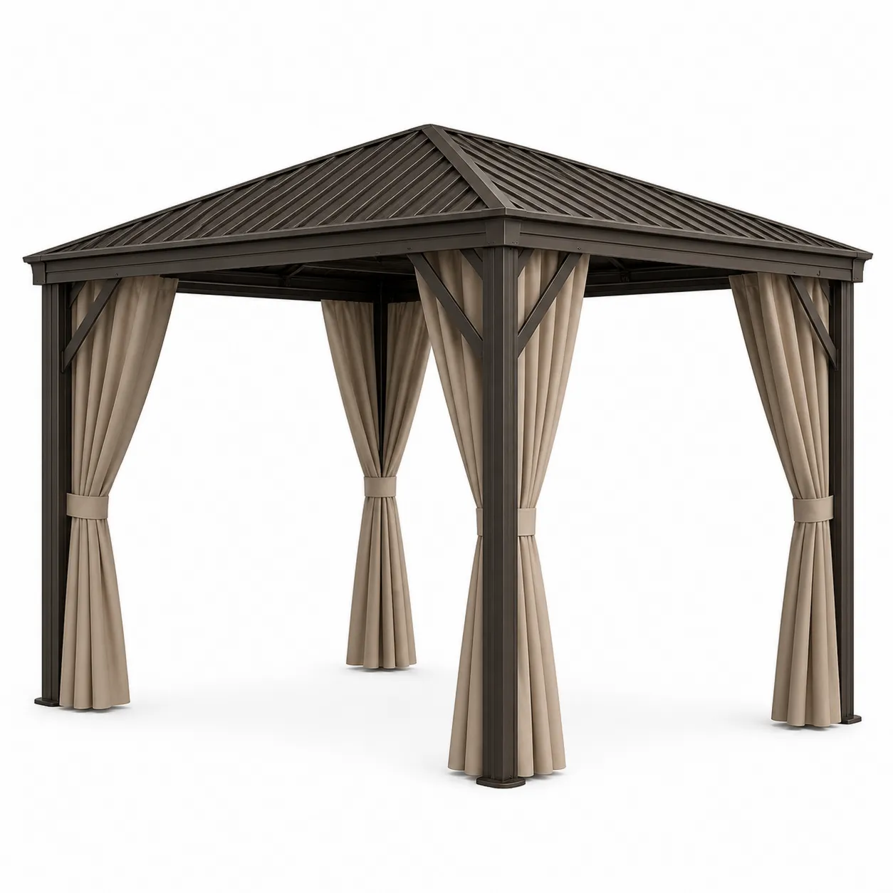 Pavillon en aluminium avec toit en acier et rideaux en polyester