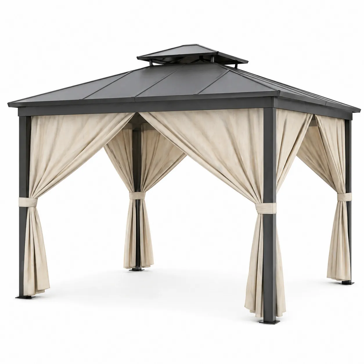 Pavillon de jardin en aluminium avec toit en acier et rideaux beiges