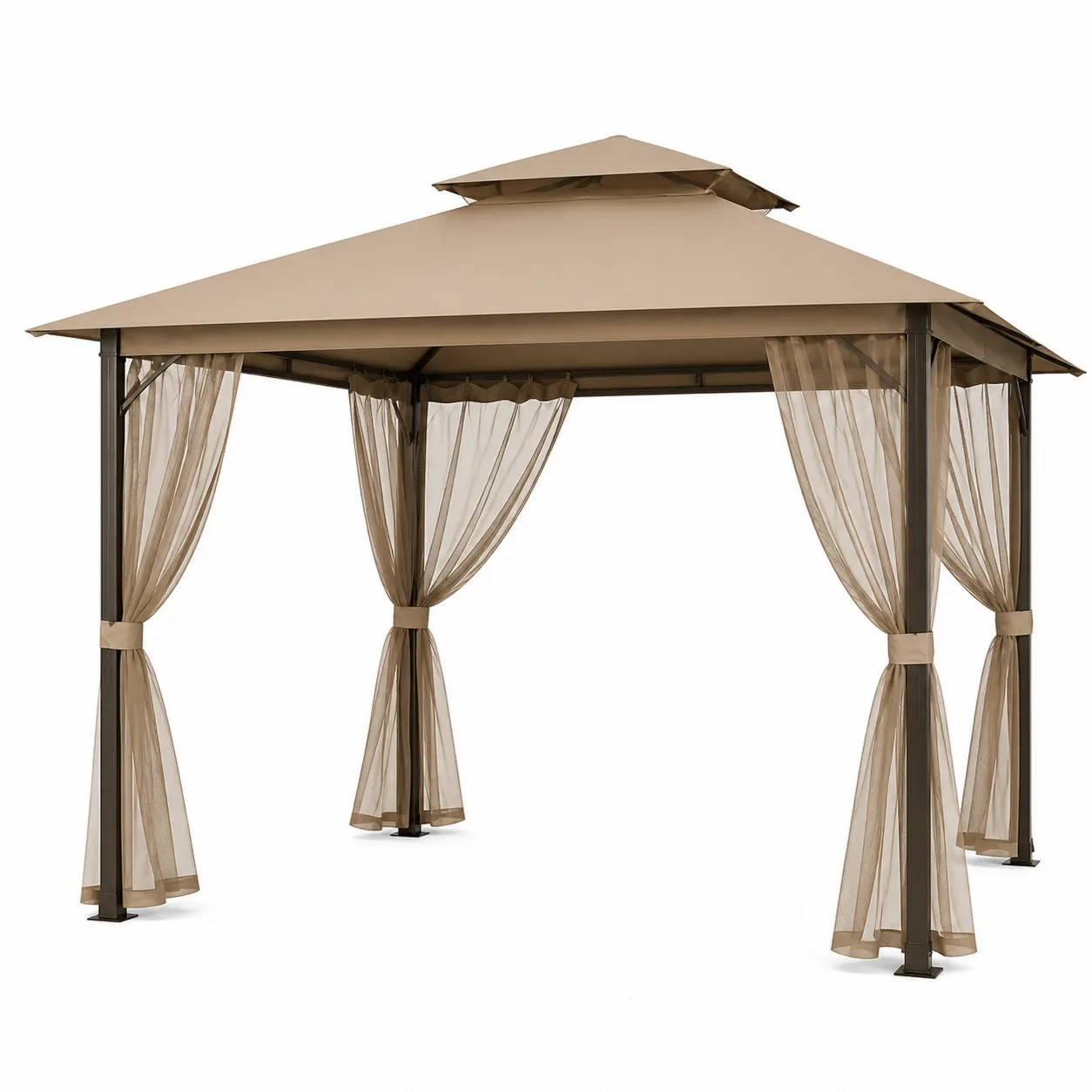 Pavillon en acier avec toit en polyester et rideaux en maille marron