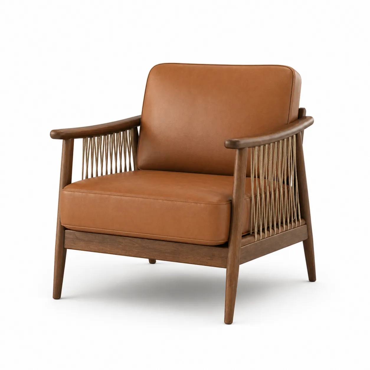 Fauteuil en cuir synthétique marron avec cadre en bois et accoudoirs en corde