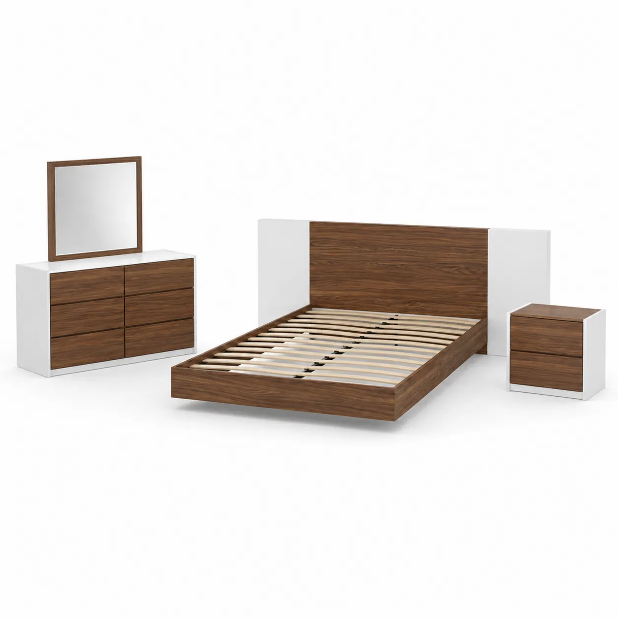 Ensemble de Chambre en Bois avec Lit Double, Commode et Table de Nuit, Marron et Blanc