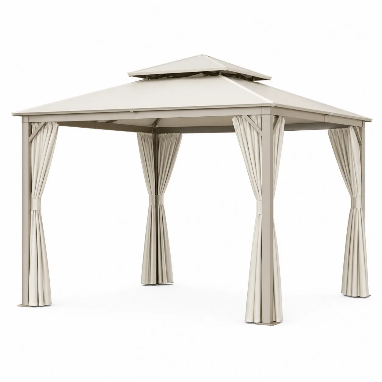 Pavillon de jardin en aluminium avec toit en acier et rideaux en polyester Beige 300x300 cm