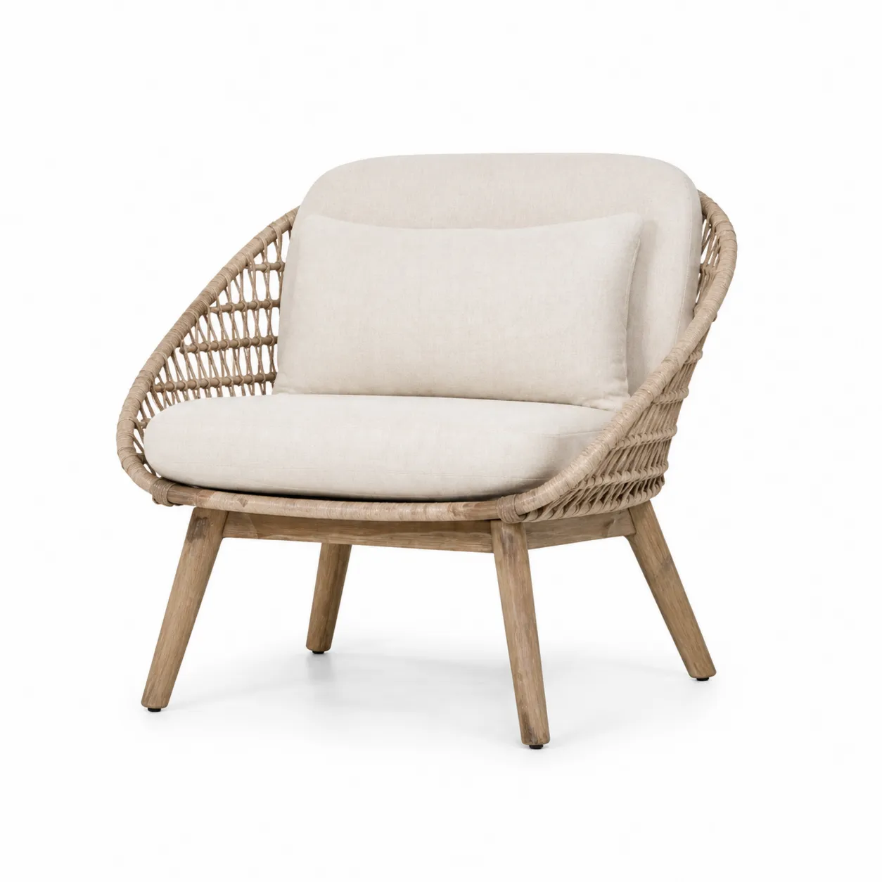 Fauteuil en bois et rotin avec coussins en tissu Beige