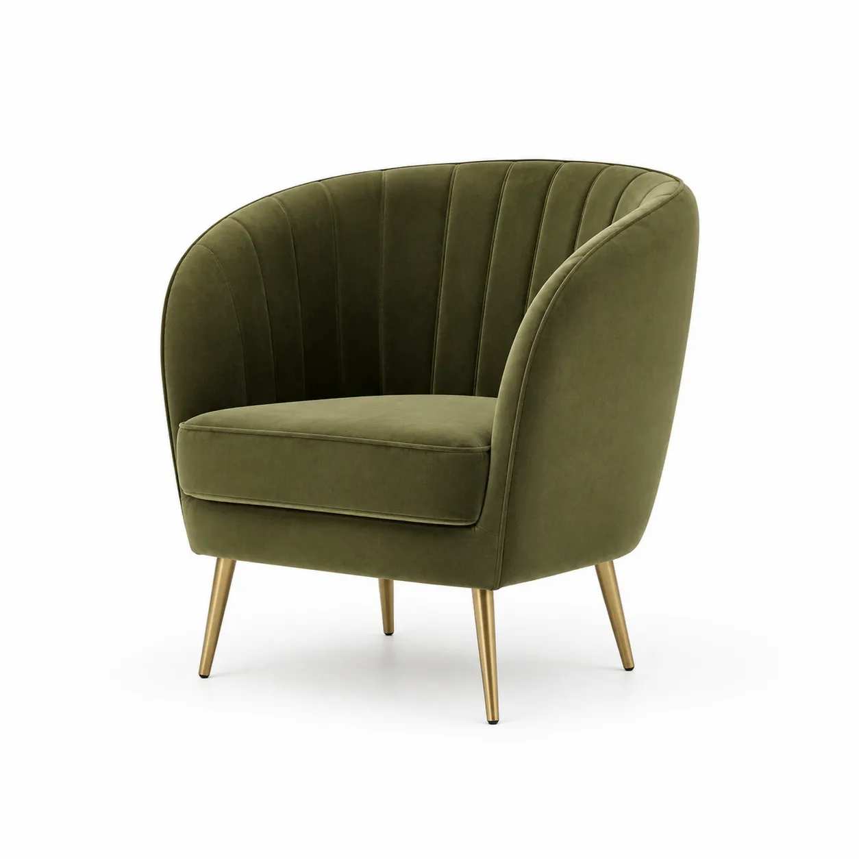 Fauteuil velours vert olive avec pieds en métal doré