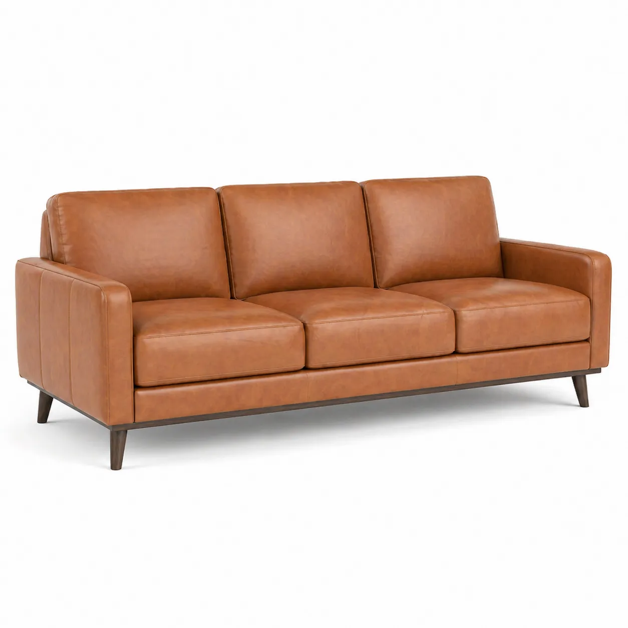 Canapé trois places en cuir couleur Cognac 210 cm