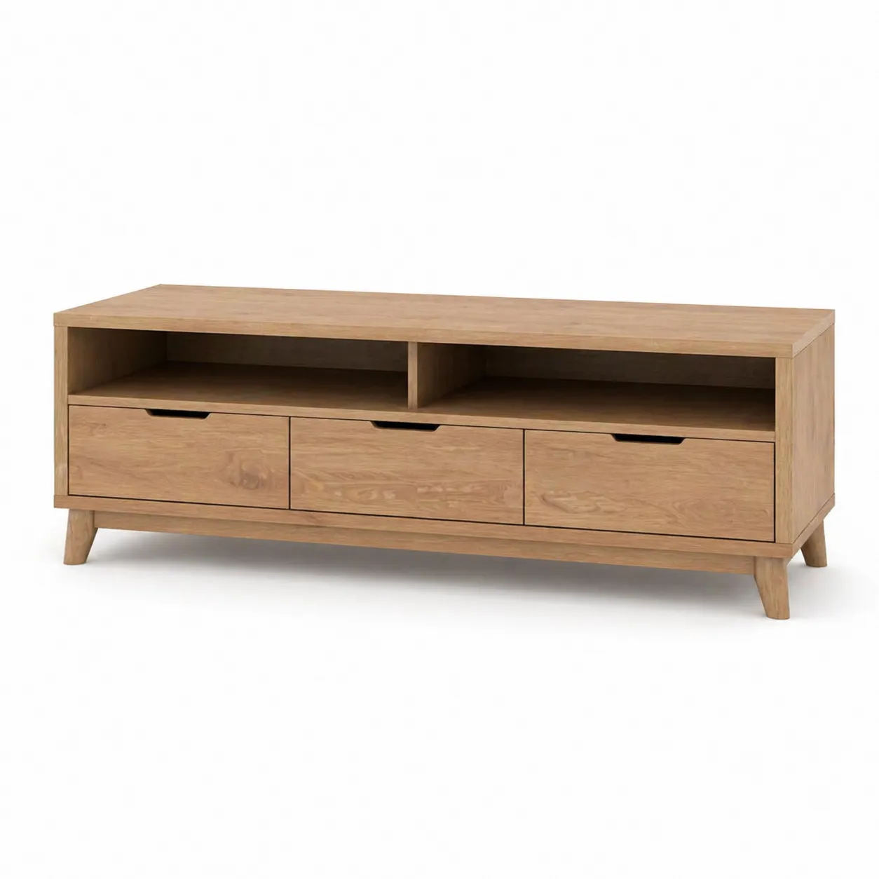 Meuble TV en chêne avec 3 tiroirs et 2 étagères ouvertes