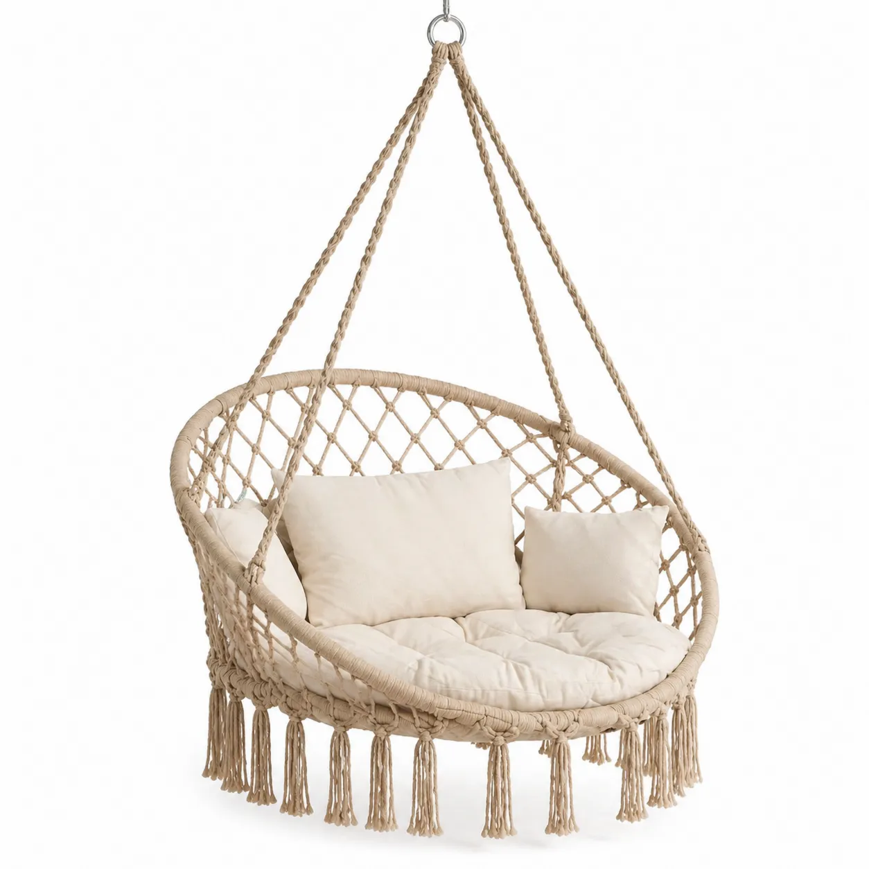 Chaise suspendue en corde de coton avec coussins en polyester beige