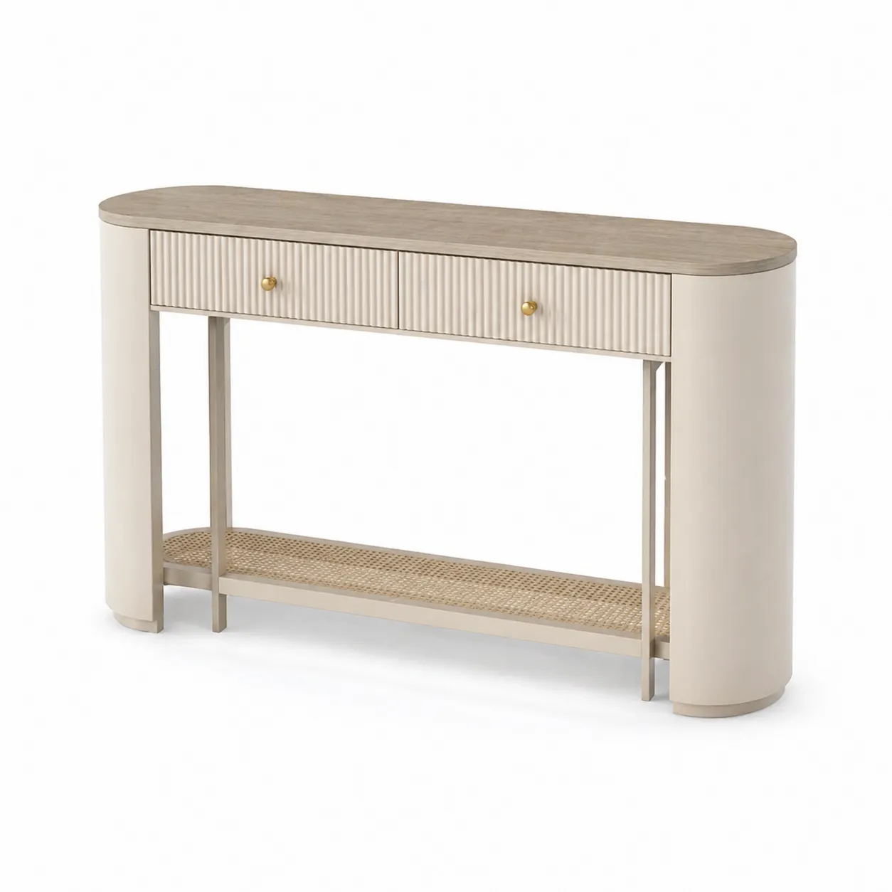 Console ovale en bois massif et métal avec étagère en rotin