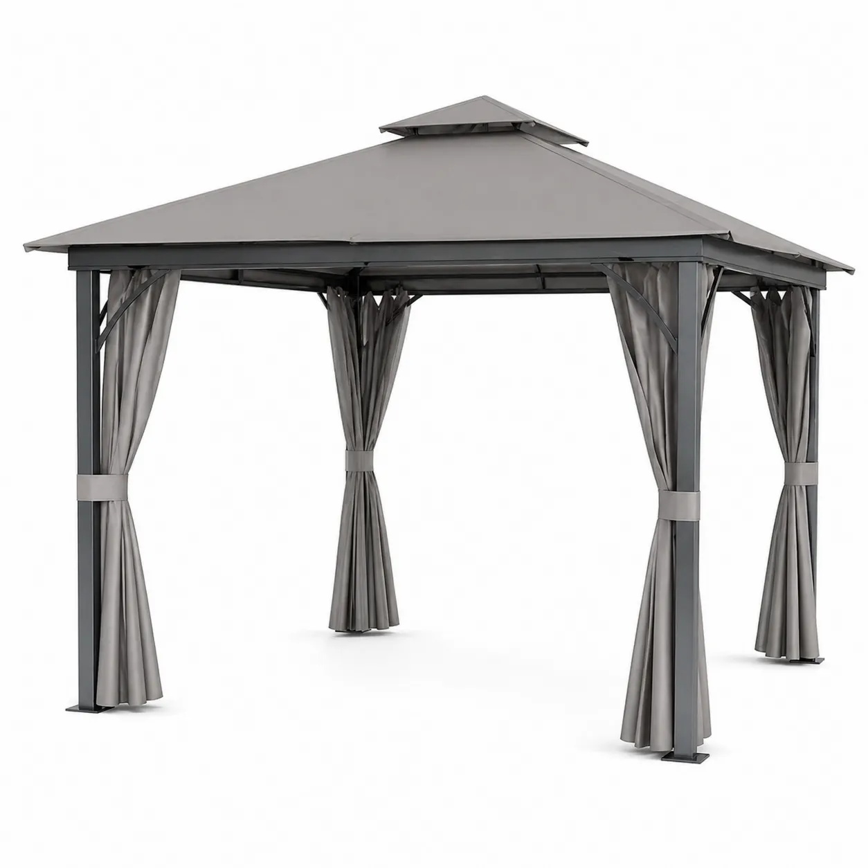 Pavillon de jardin en aluminium et acier avec rideaux polyester Gris