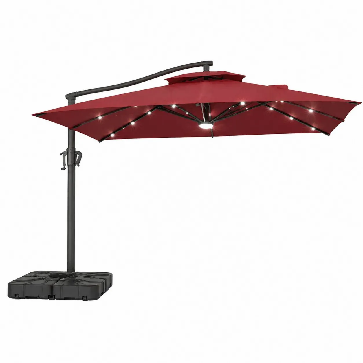 Parasol déporté LED 300x300 cm en aluminium et tissu rouge