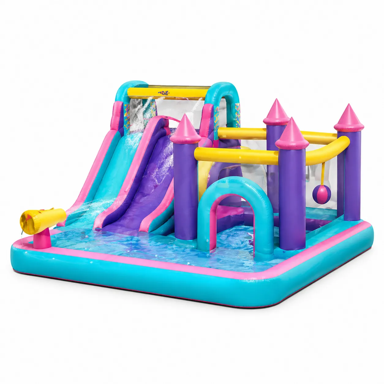Château Gonflable en PVC Multicolore avec Toboggan et Canon à Eau