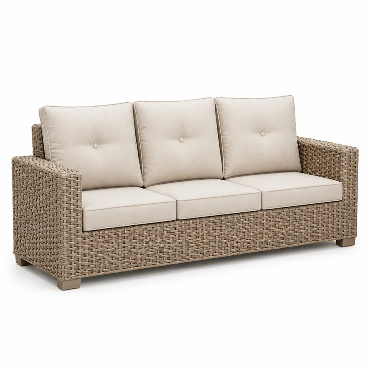 Canapé trois places en rotin avec coussins beiges