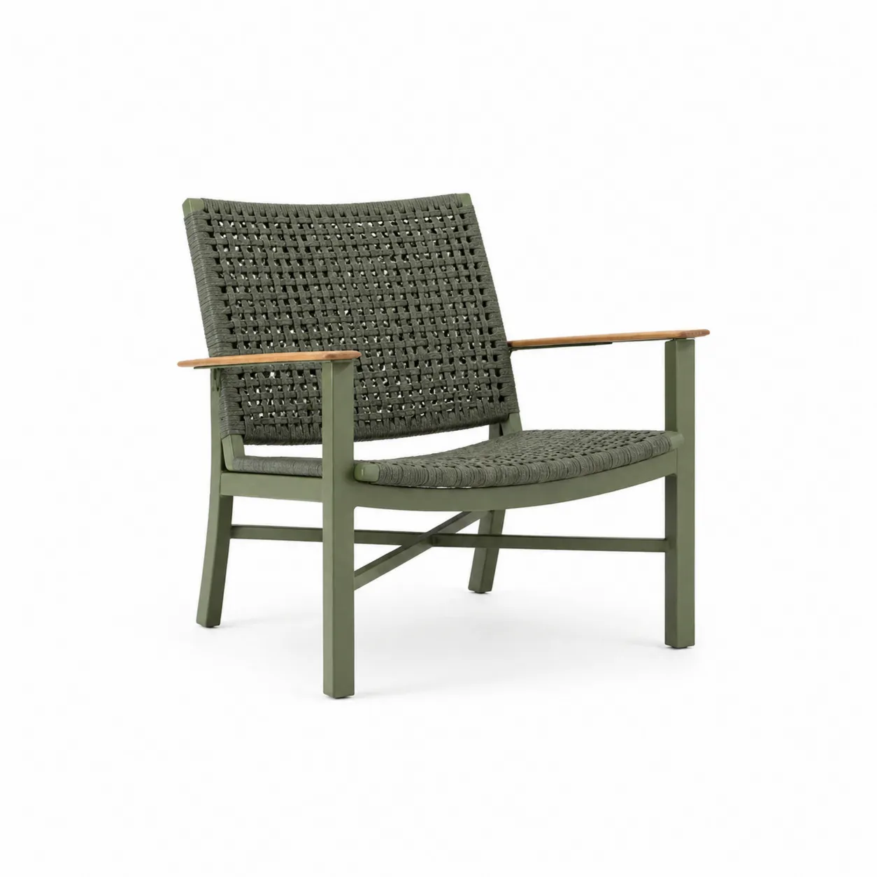 Fauteuil en aluminium et corde tressée avec accoudoirs en bois