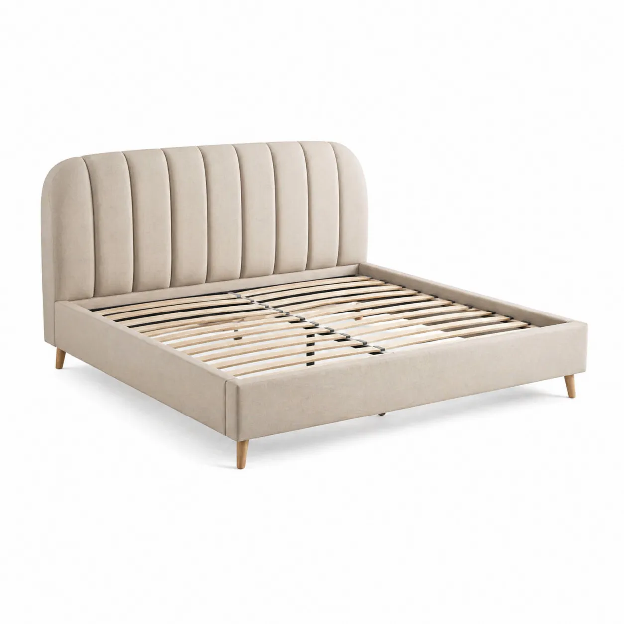 Lit double en bois et tissu beige 200x160 cm