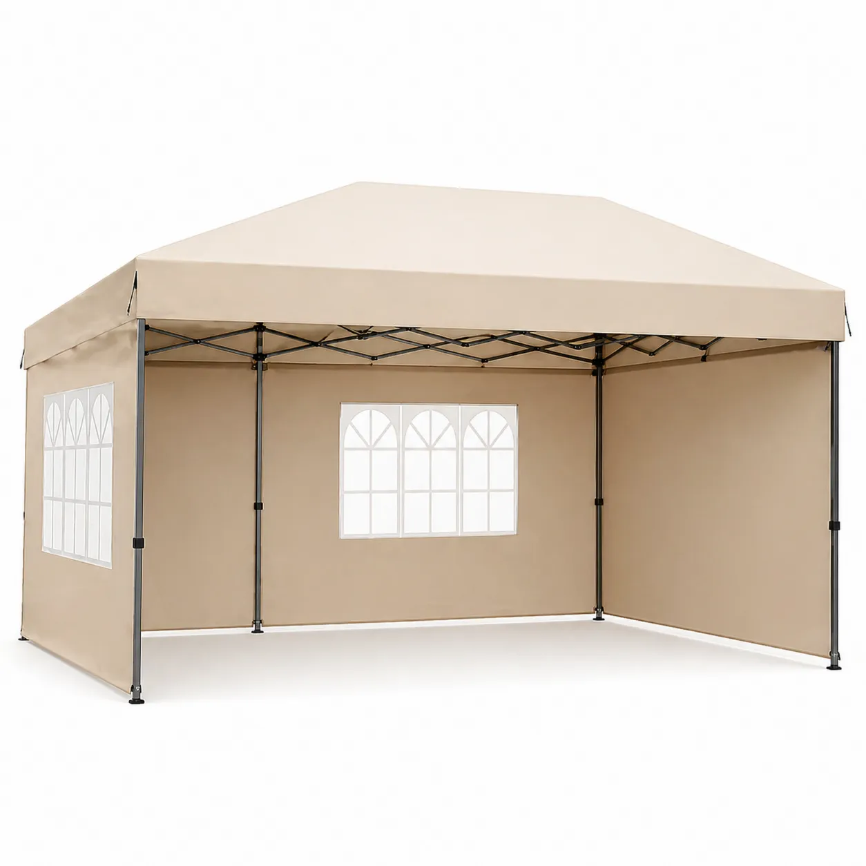 Tonnelle pliante en acier et polyester beige avec fenêtres 3x3m