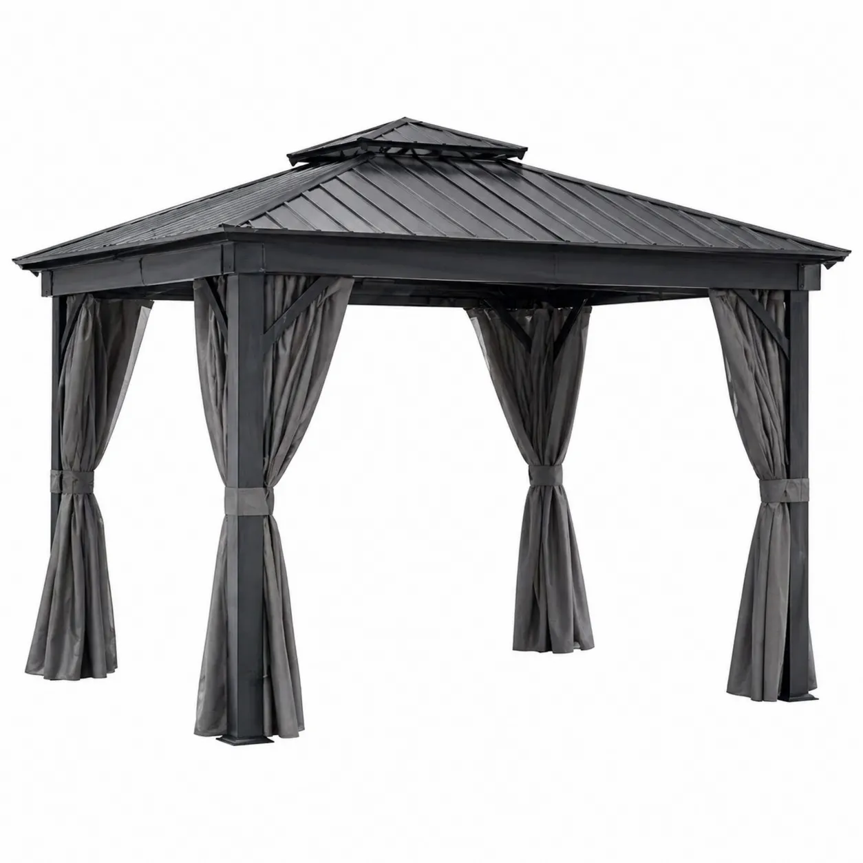 Pavillon de jardin en aluminium avec toit en acier et rideaux gris