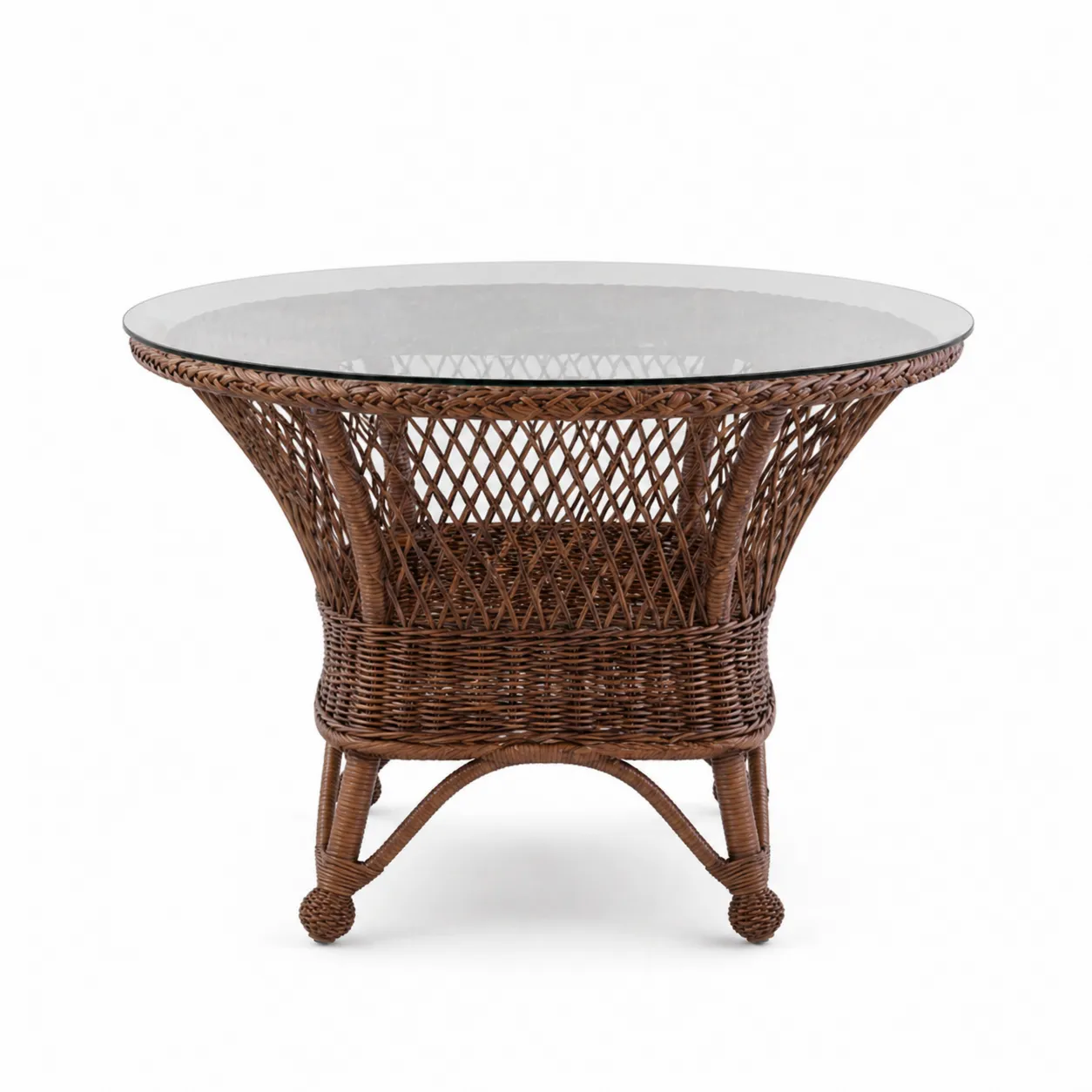 Table de jardin en osier et verre trempé, diamètre 120 cm, Marron