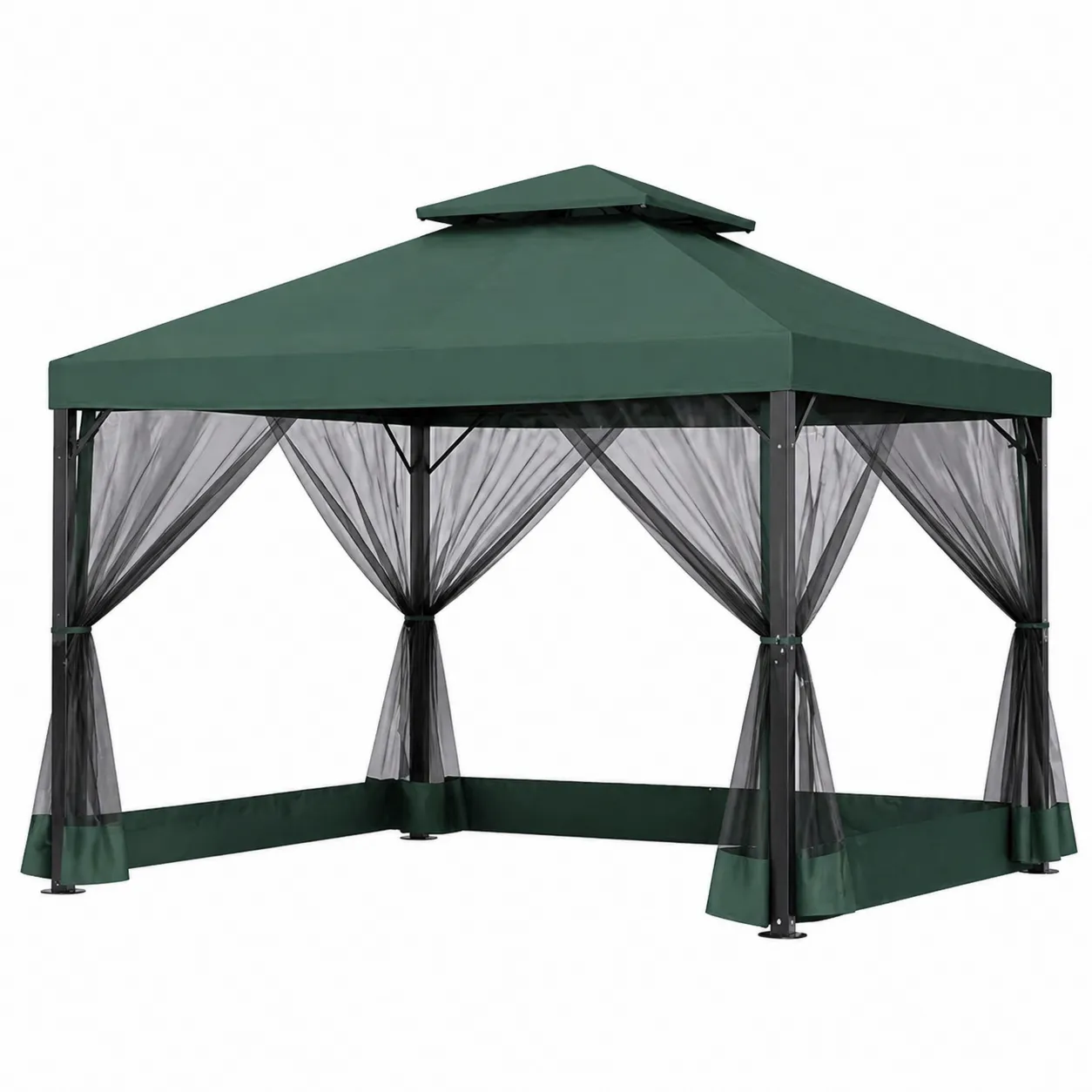 Pavillon de jardin en acier avec toit en polyester vert et moustiquaire