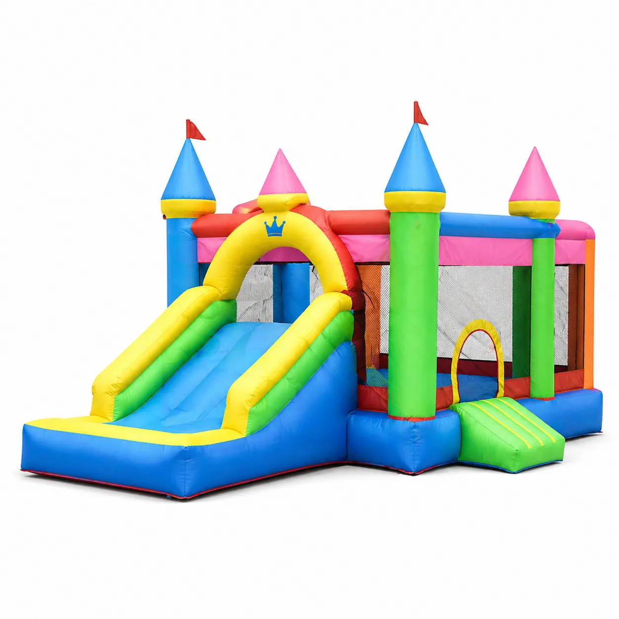 Château gonflable en PVC multicolore avec toboggan