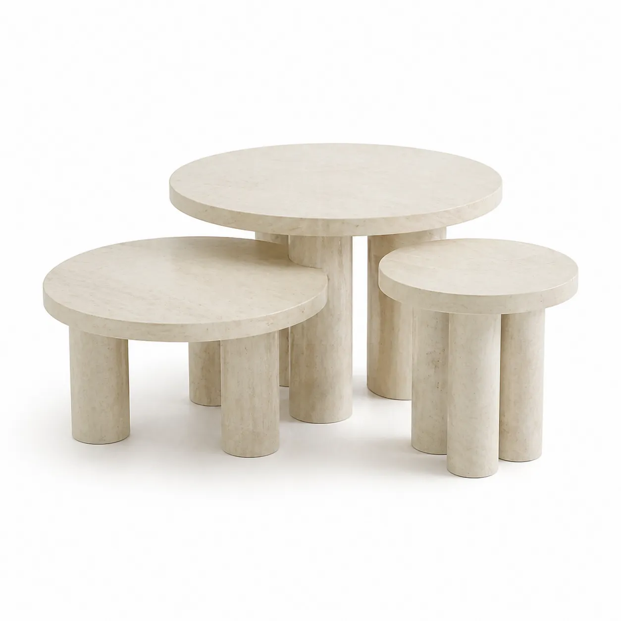 Ensemble de tables gigognes en calcaire blanc - 3 pièces rondes
