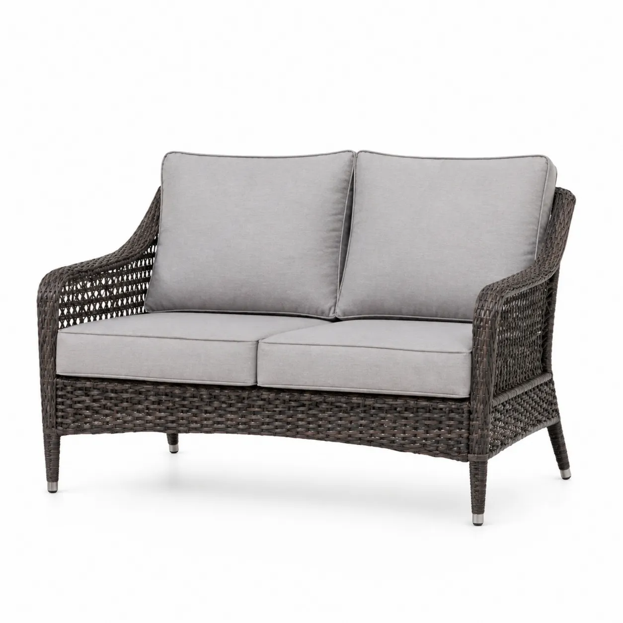 Canapé deux places en résine tressée avec coussins Gris