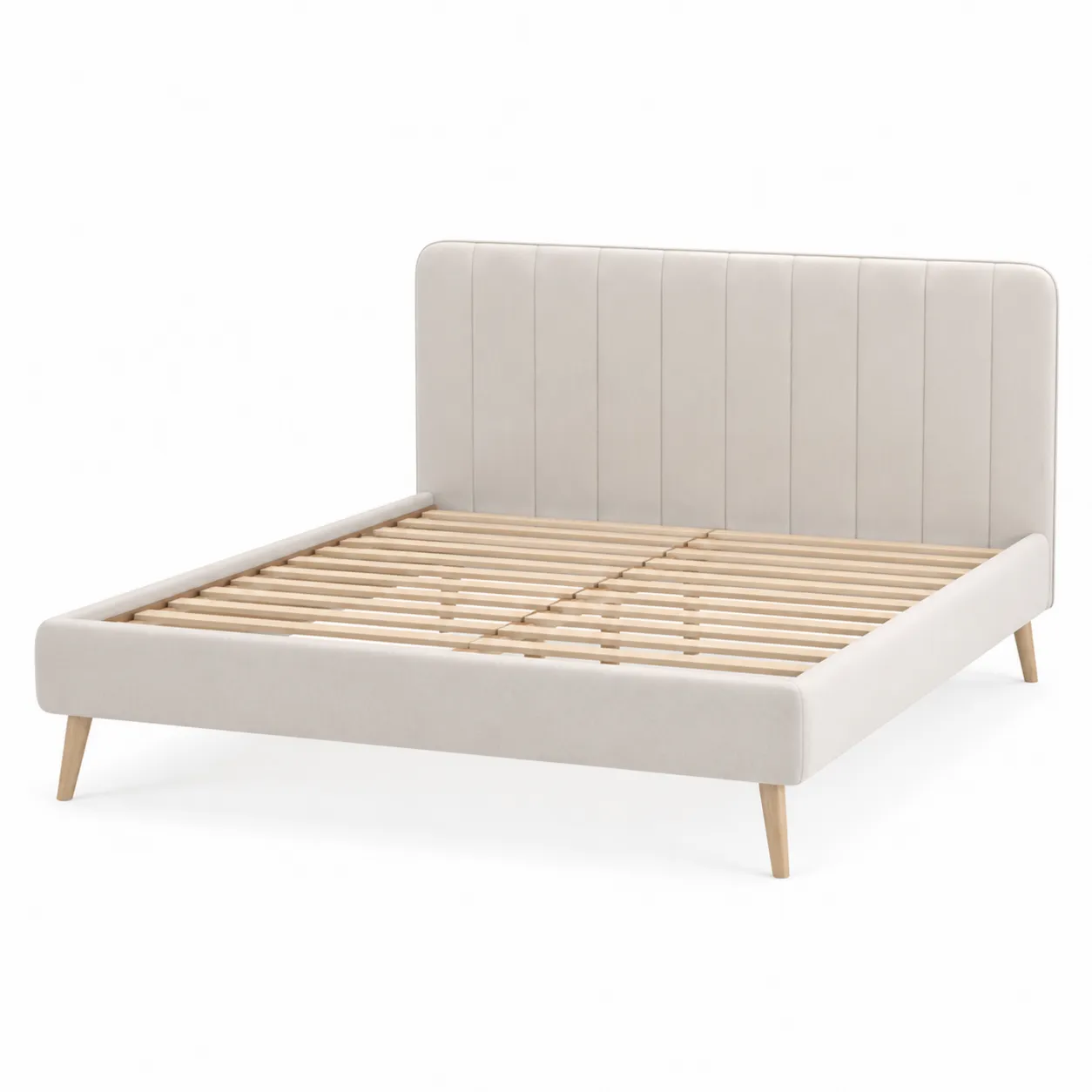 Lit double en tissu beige avec pieds en bois 140x200 cm