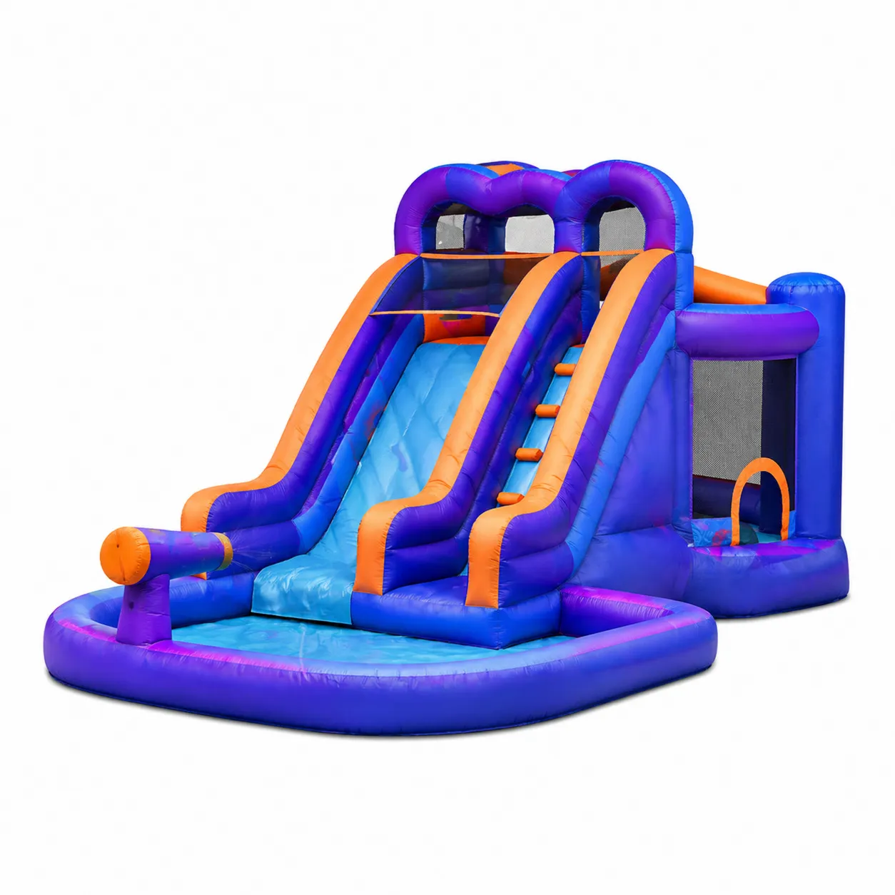 Château gonflable avec toboggan double en PVC violet et orange