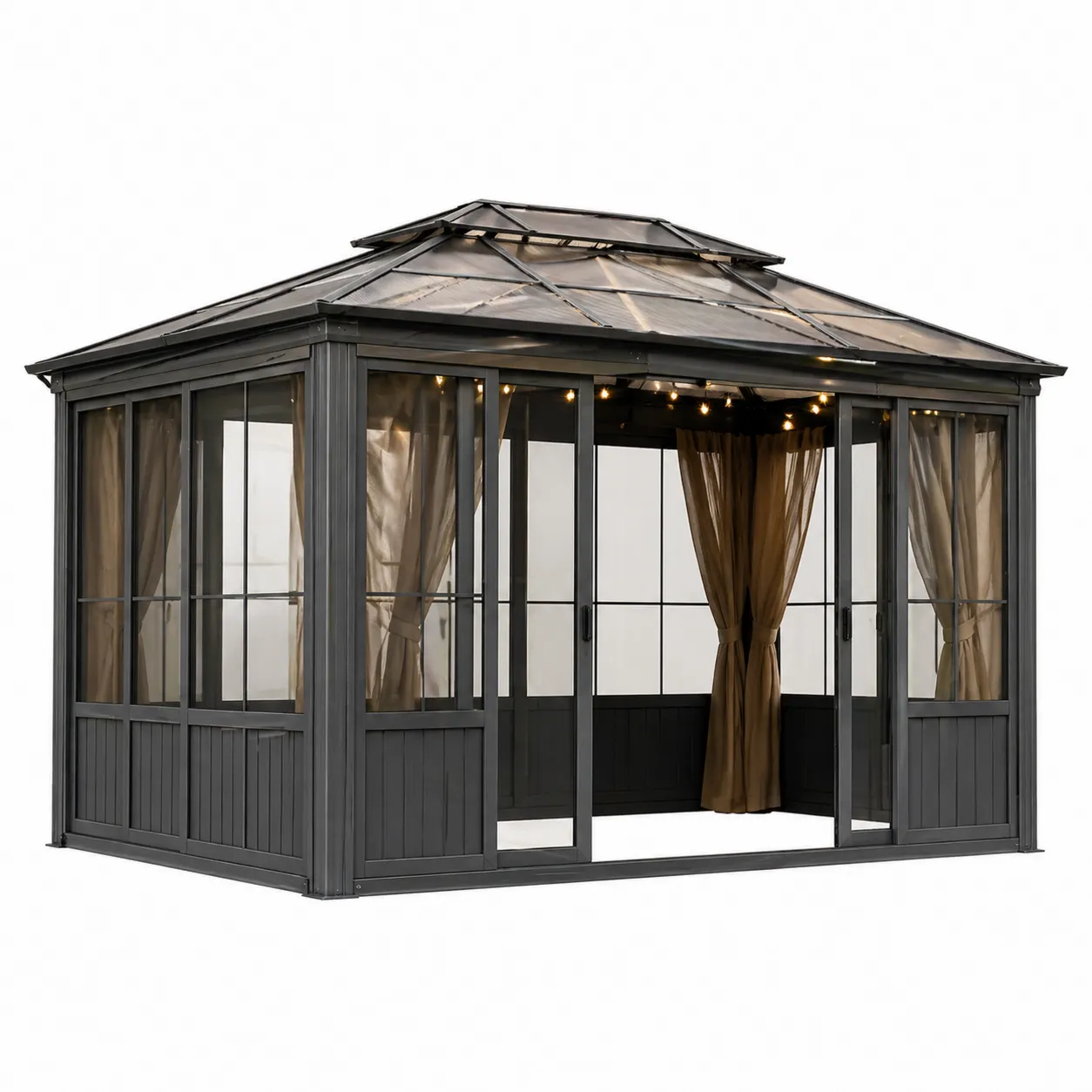 Pavillon de jardin en aluminium et verre trempé avec rideaux Gris