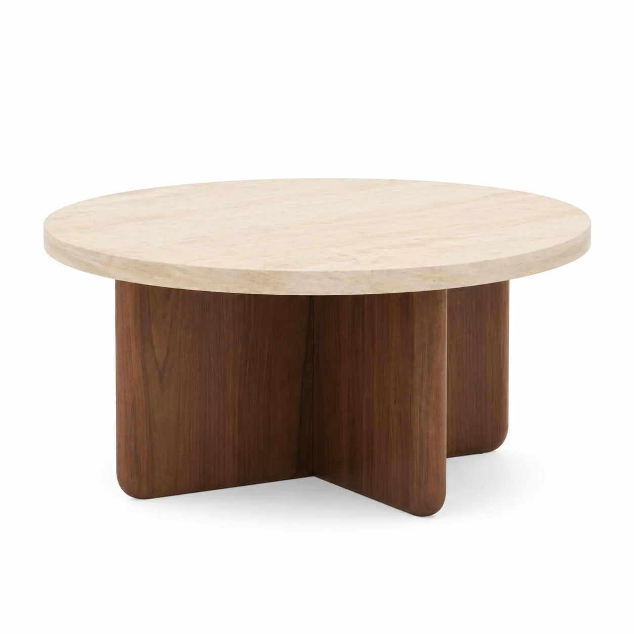 Table basse ronde en bois et travertin 80 cm