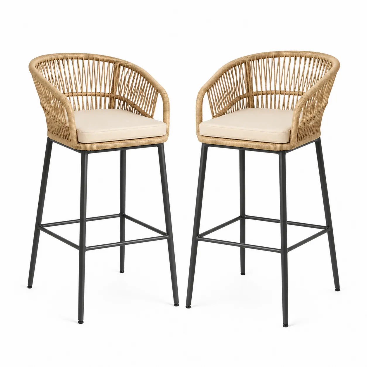 Tabourets de bar en métal et rotin avec assise polyester beige, set de 2