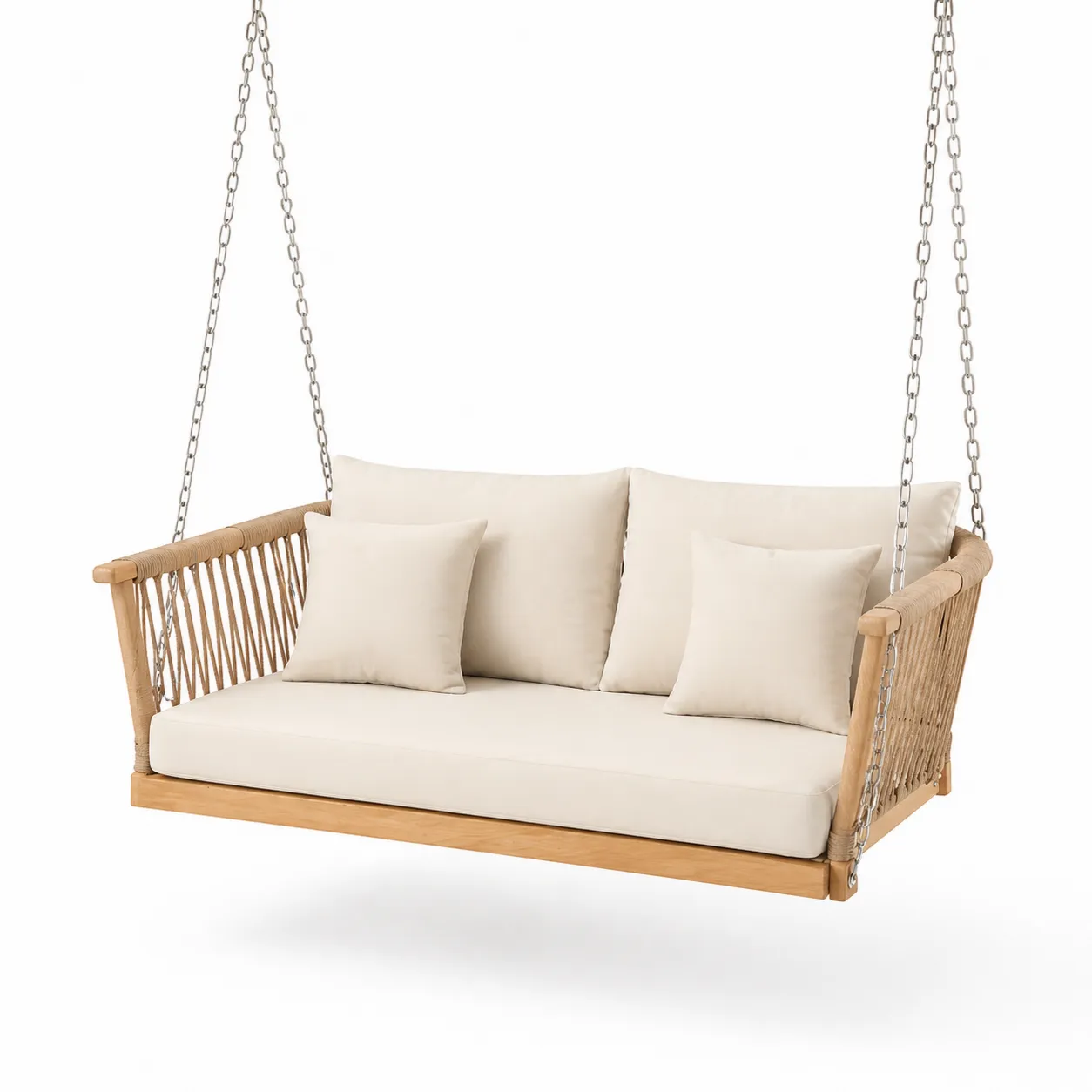 Balancelle en bois de teck et corde synthétique beige