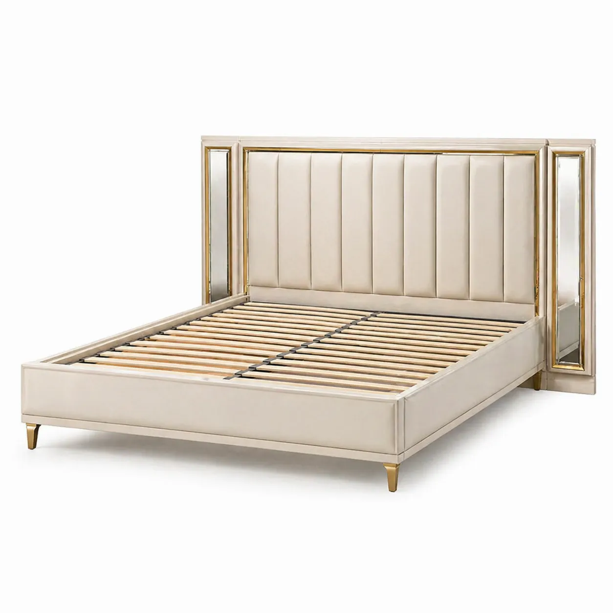 Lit en cuir synthétique Crème avec tête de lit miroir et pieds dorés