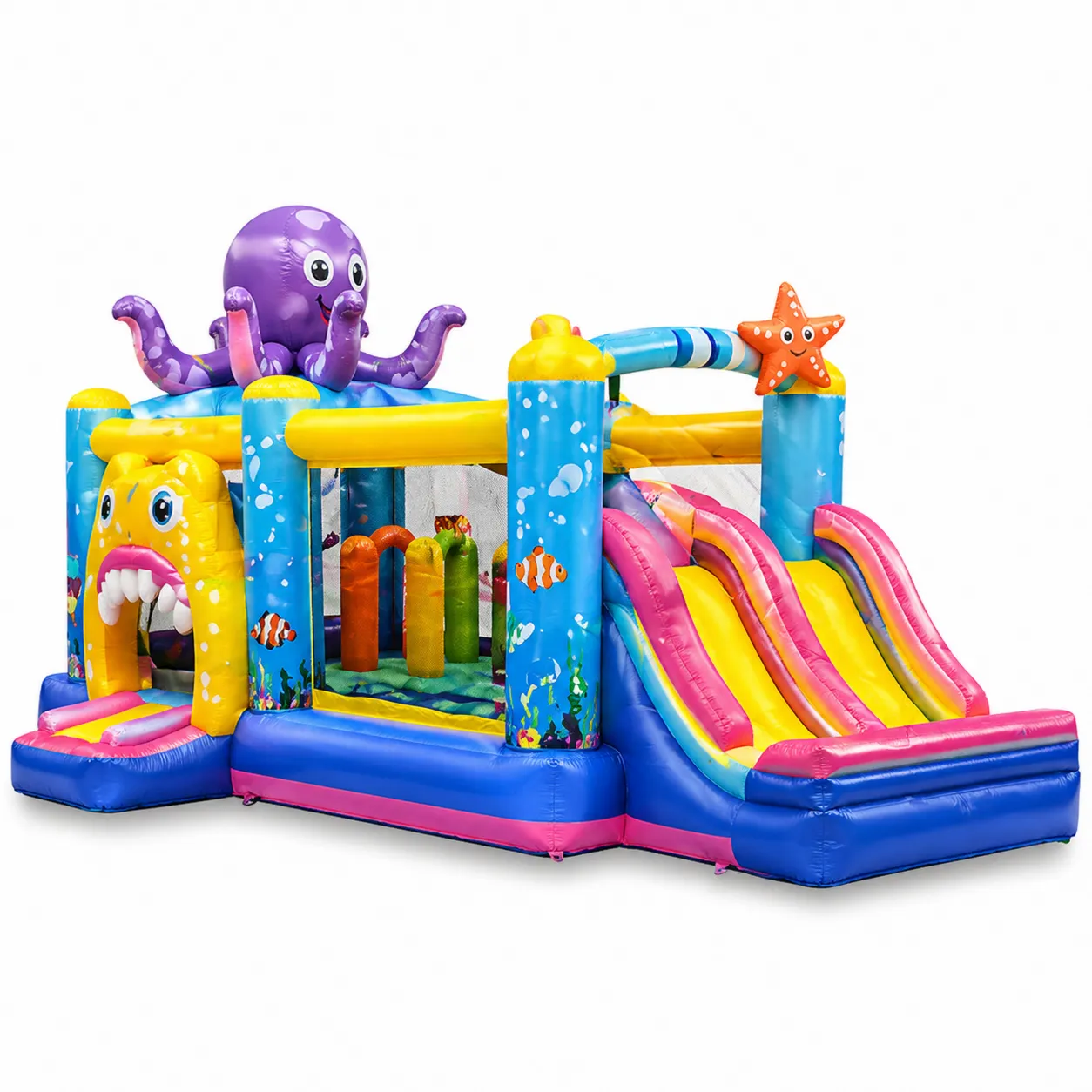 Château Gonflable en PVC Multicolore avec Toboggans et Pieuvre