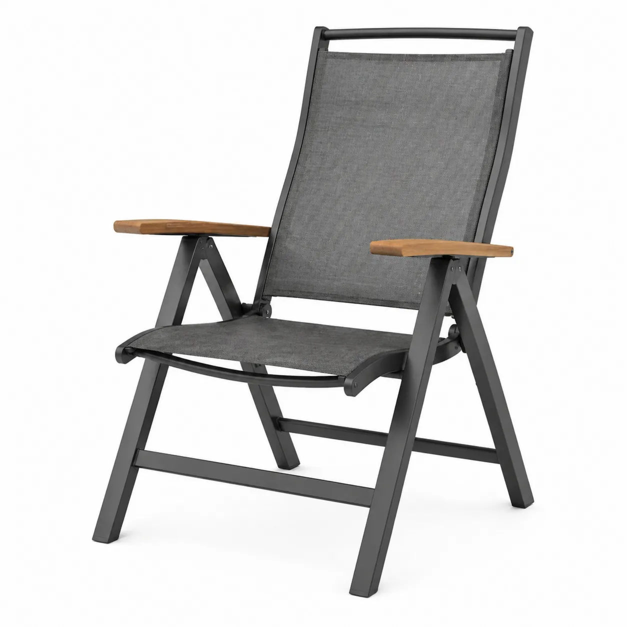 Chaise pliante en aluminium avec assise en tissu gris et accoudoirs en bois