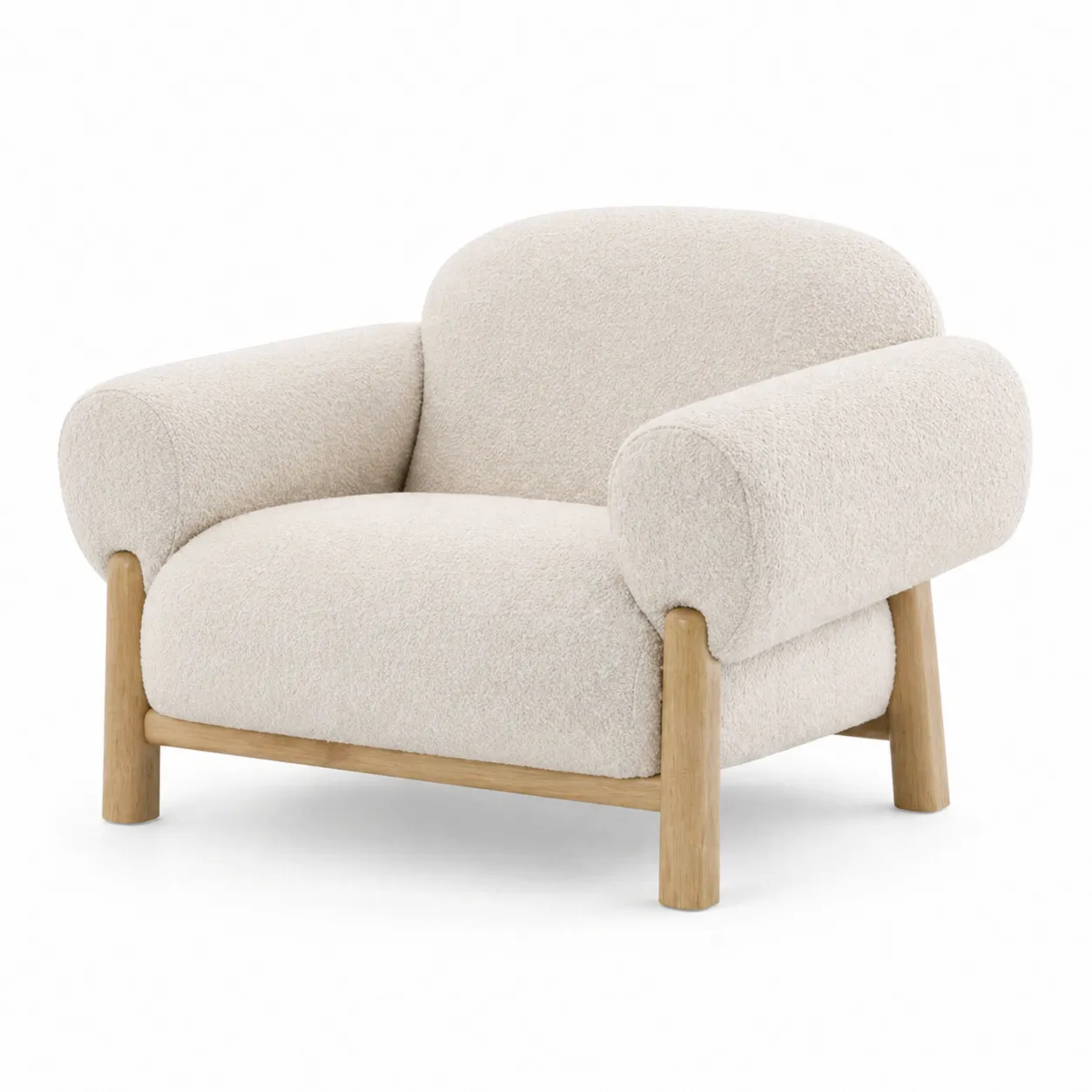Fauteuil en tissu bouclé beige avec pieds en bois