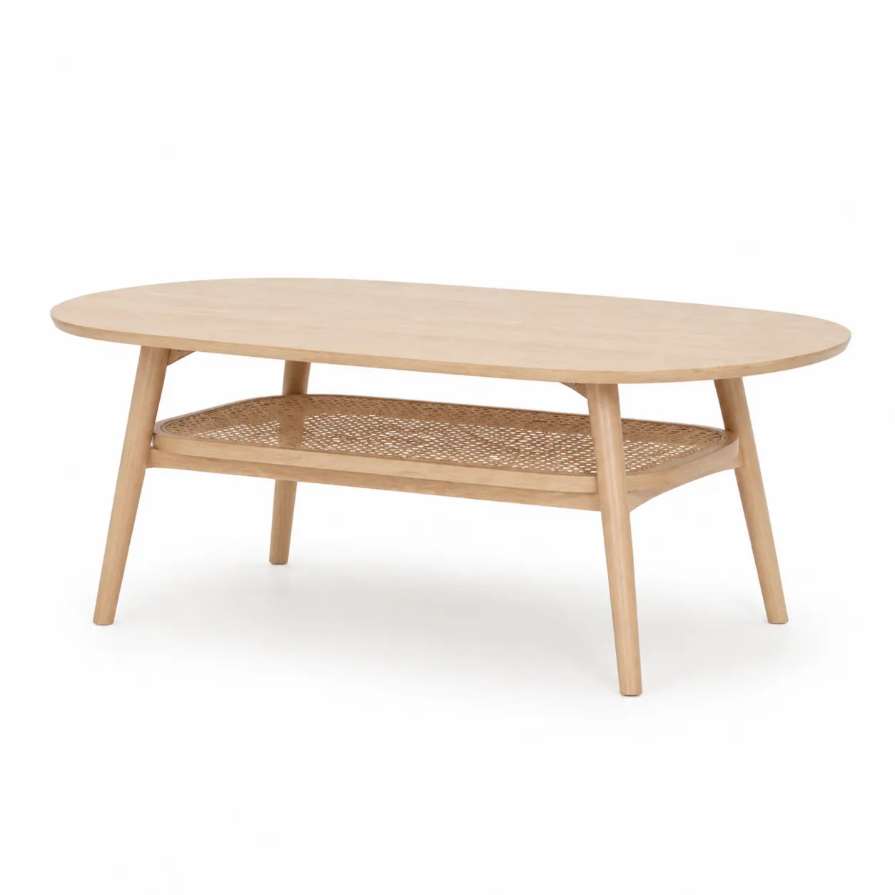 Table basse ovale en bois et rotin tressé, 115x55x45 cm