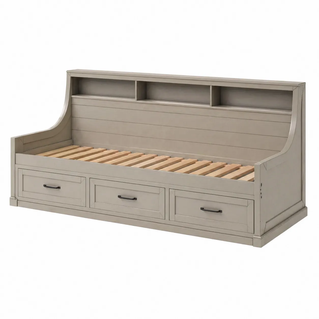 Lit de jour en bois de pin avec tiroirs et étagères