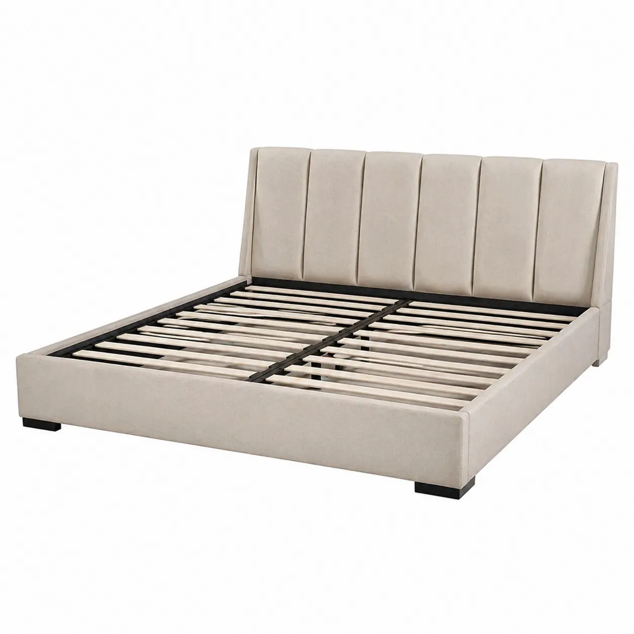 Lit double en tissu beige avec cadre en bois